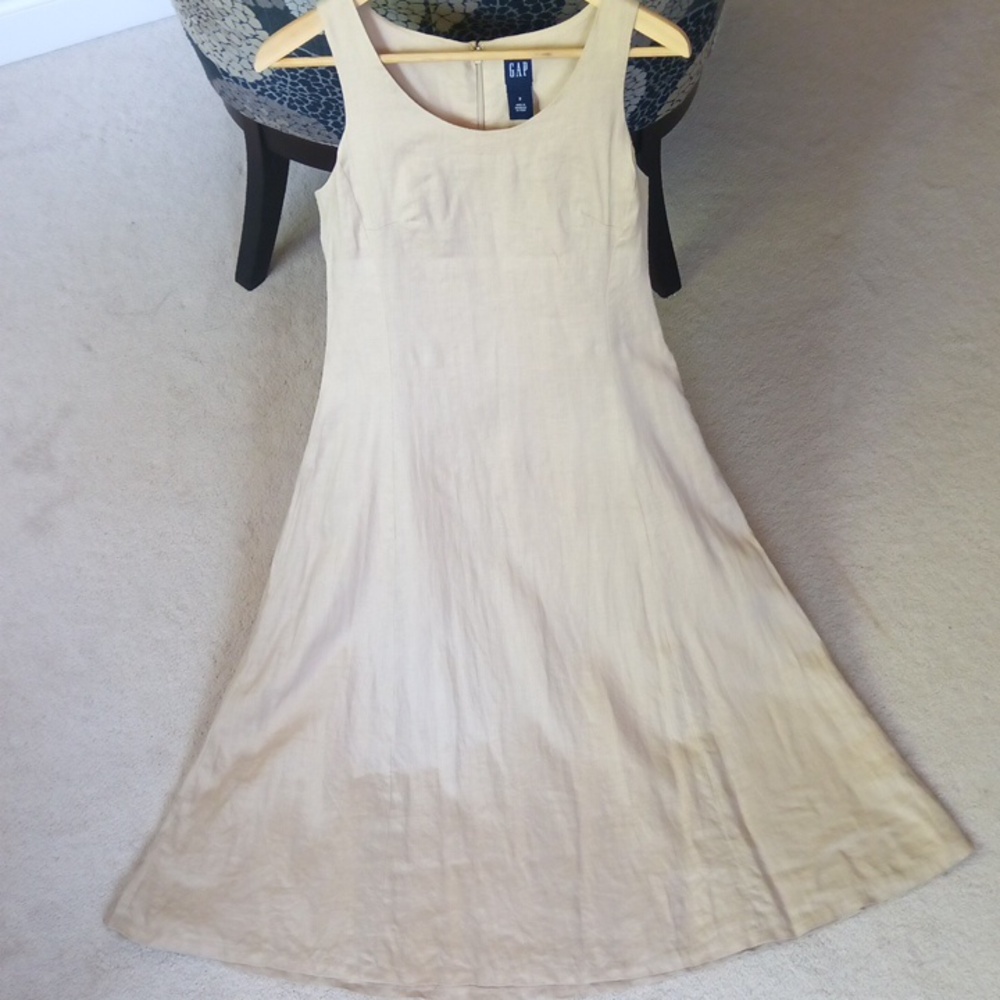 Gap Ptp17" 100% Linen Oatmeal Midi Dress Sleeveless Scoop Neck